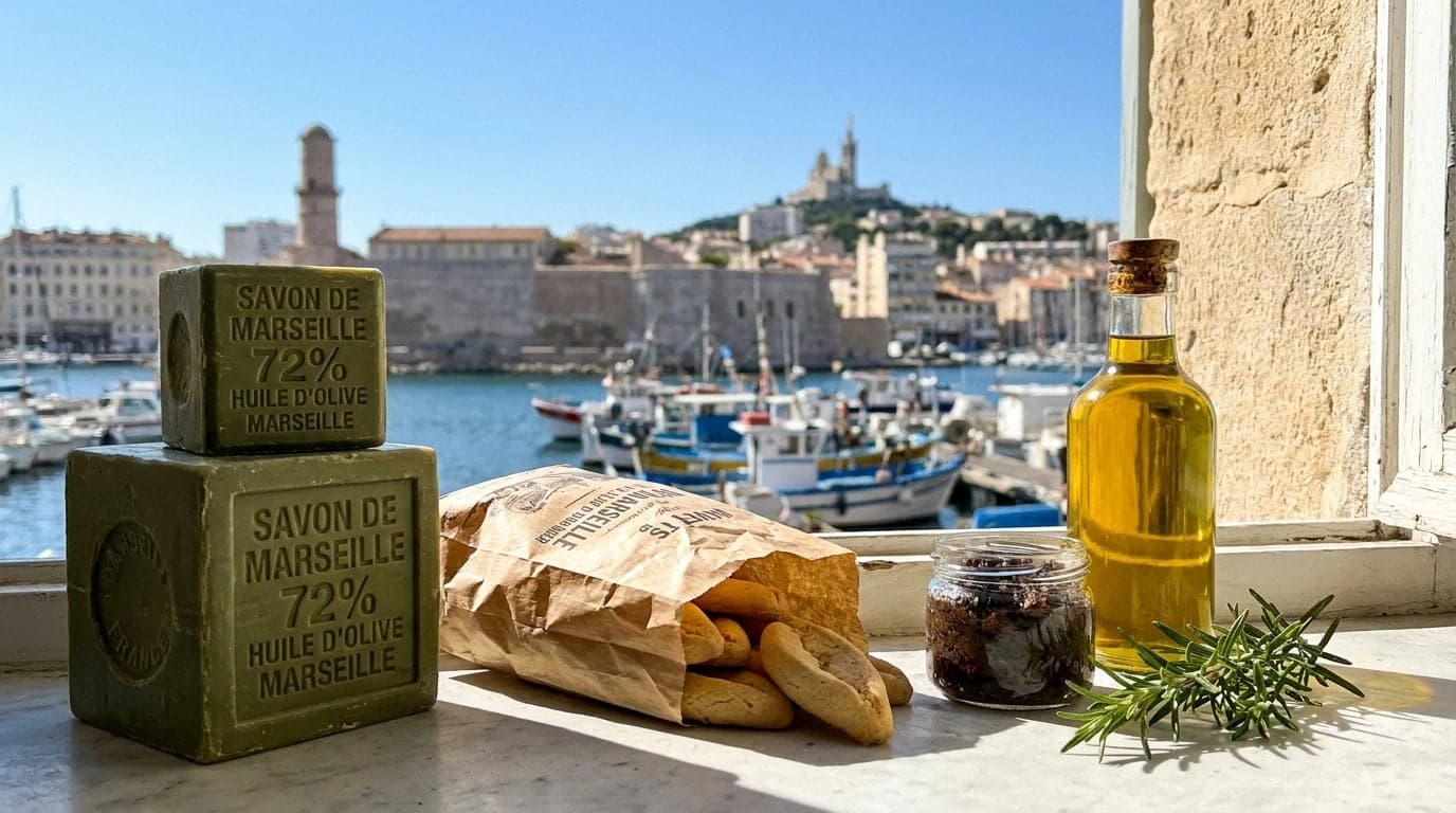 Cubes de savon de Marseille estampillés, navettes, tapenade et huile d'olive sur un rebord de fenêtre face au Vieux-Port et à Notre-Dame de la Garde