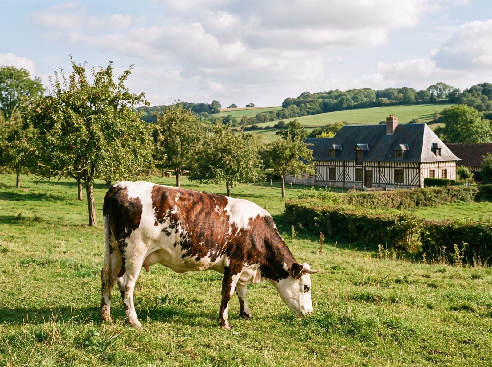 Vache normande broutant dans un pré planté de pommiers, devant une maison à colombages