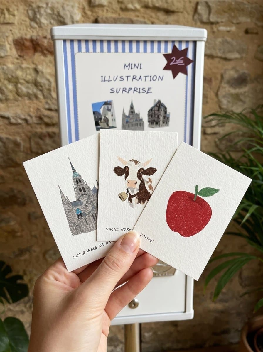 Trois cartes illustrées tenues en main devant la machine : la cathédrale, la vache normande et la pomme