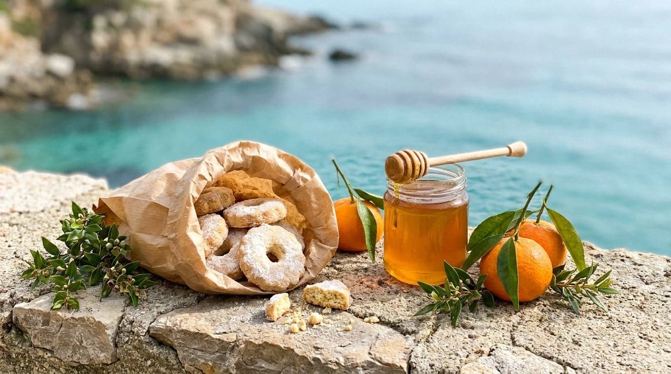 Canistrelli dans un sachet kraft, pot de miel de Corse et clémentines avec leurs feuilles sur un muret de pierre face à la mer turquoise